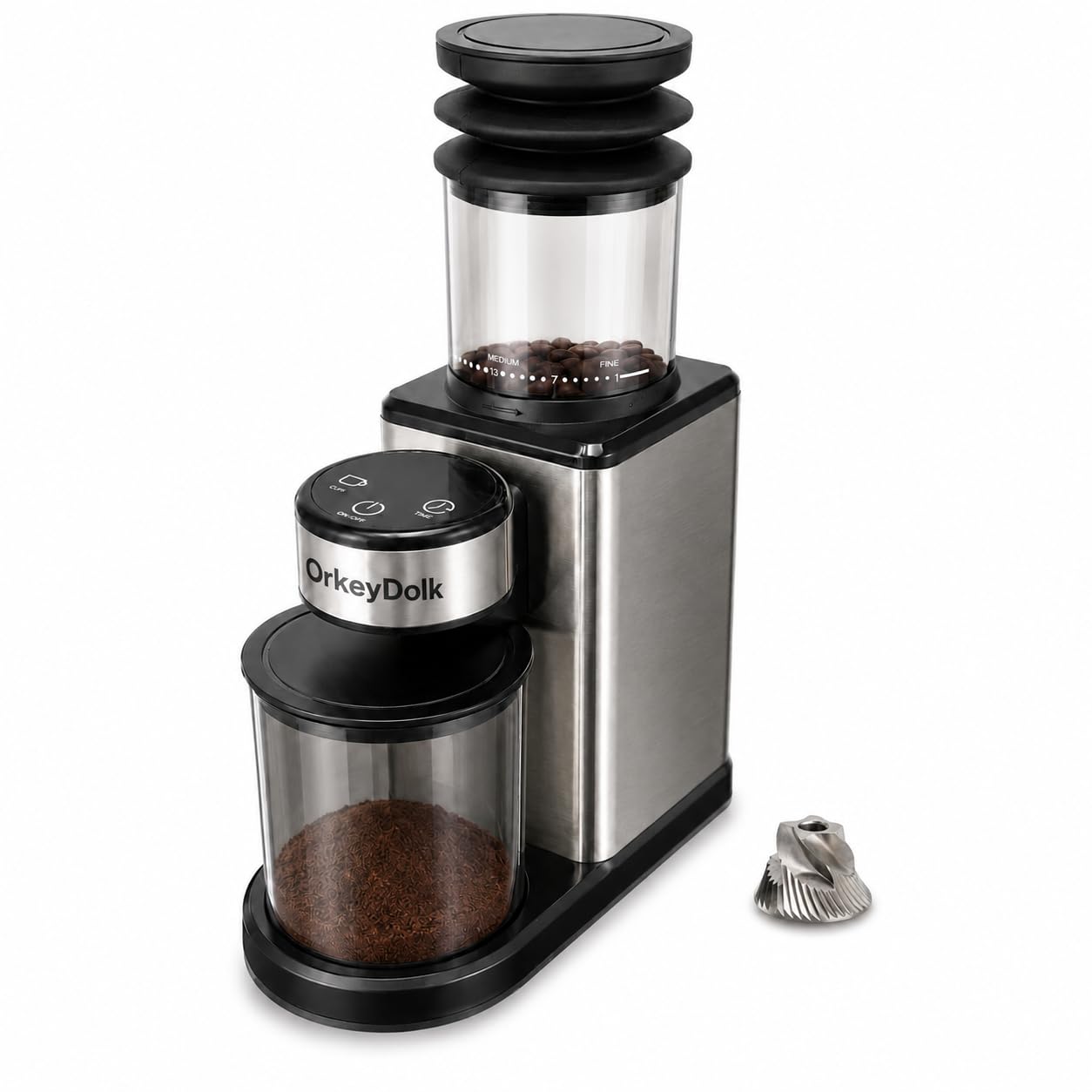 OrkeyDolk®Elektrische Kaffeemühle mit Kegelmahlwerk, 25 Mahlgrade, für Espresso, Filter & Mokka, Leise Kaffeemühle mit 2–12 Tassen, Edelstahl-Mahlwerk, LED-Display