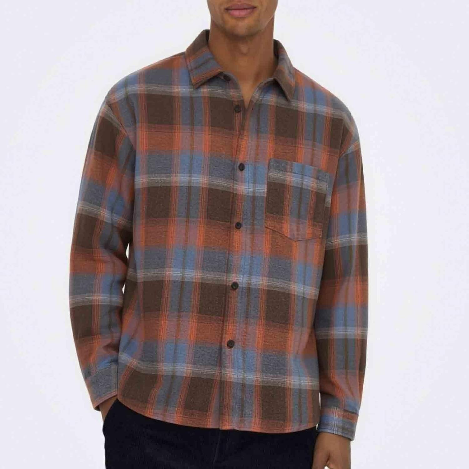 Men Brushed Flannel Plaid Shirt Collared Button Down Trendy Shacket