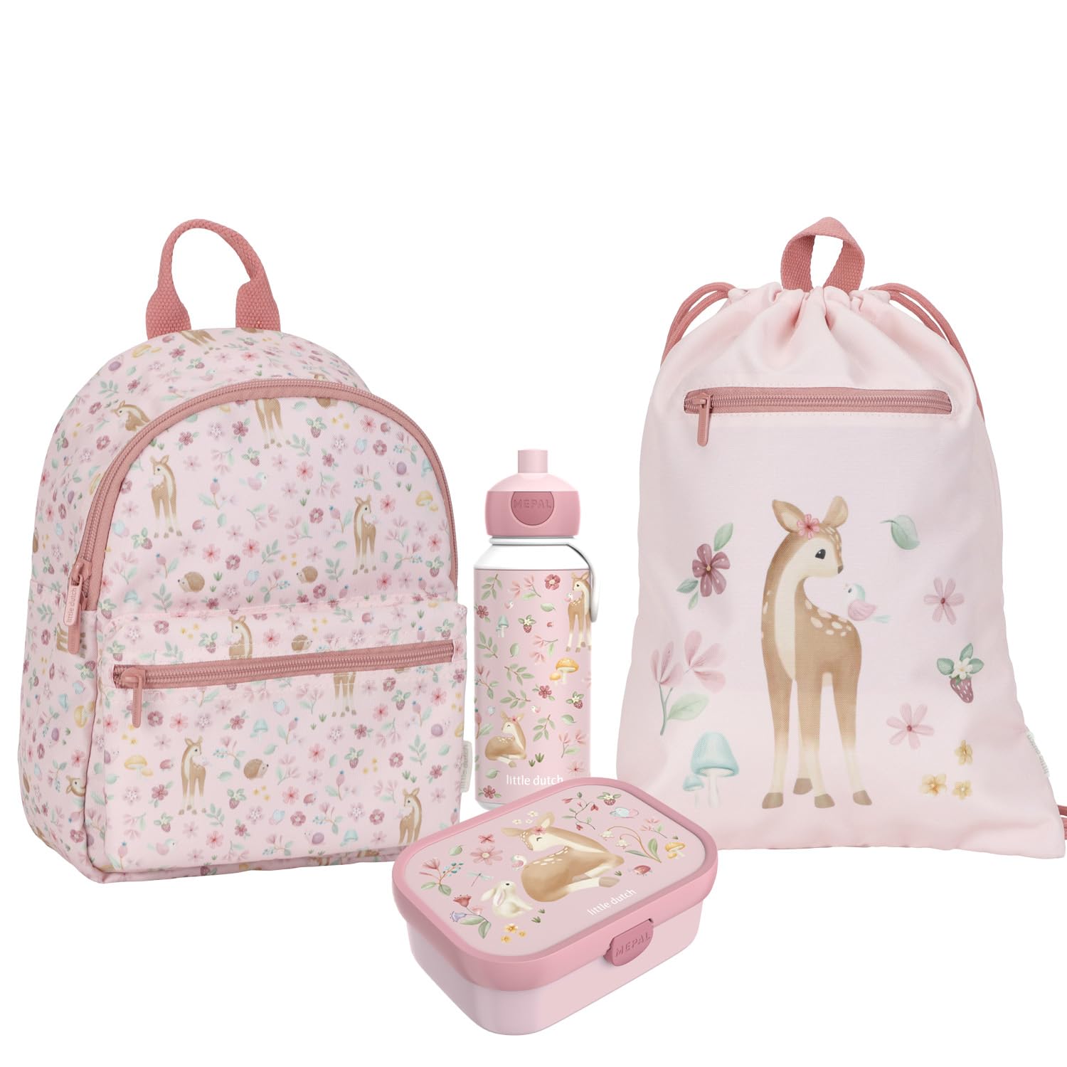 Little Dutch Set Rucksack, Turnbeutel & Brotdose & Trinkflasche Pop-up für Kinder rosa - Fairy Garden