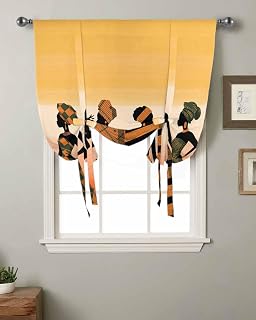 Tie Up Curtains for Windows, African Black Kitchen Curtain Adjustable Balloon Window Shades, Nation Women Orange Southwest Geometric Valance Curtains for Living Room/Bedroom/Cafe 52"x63"