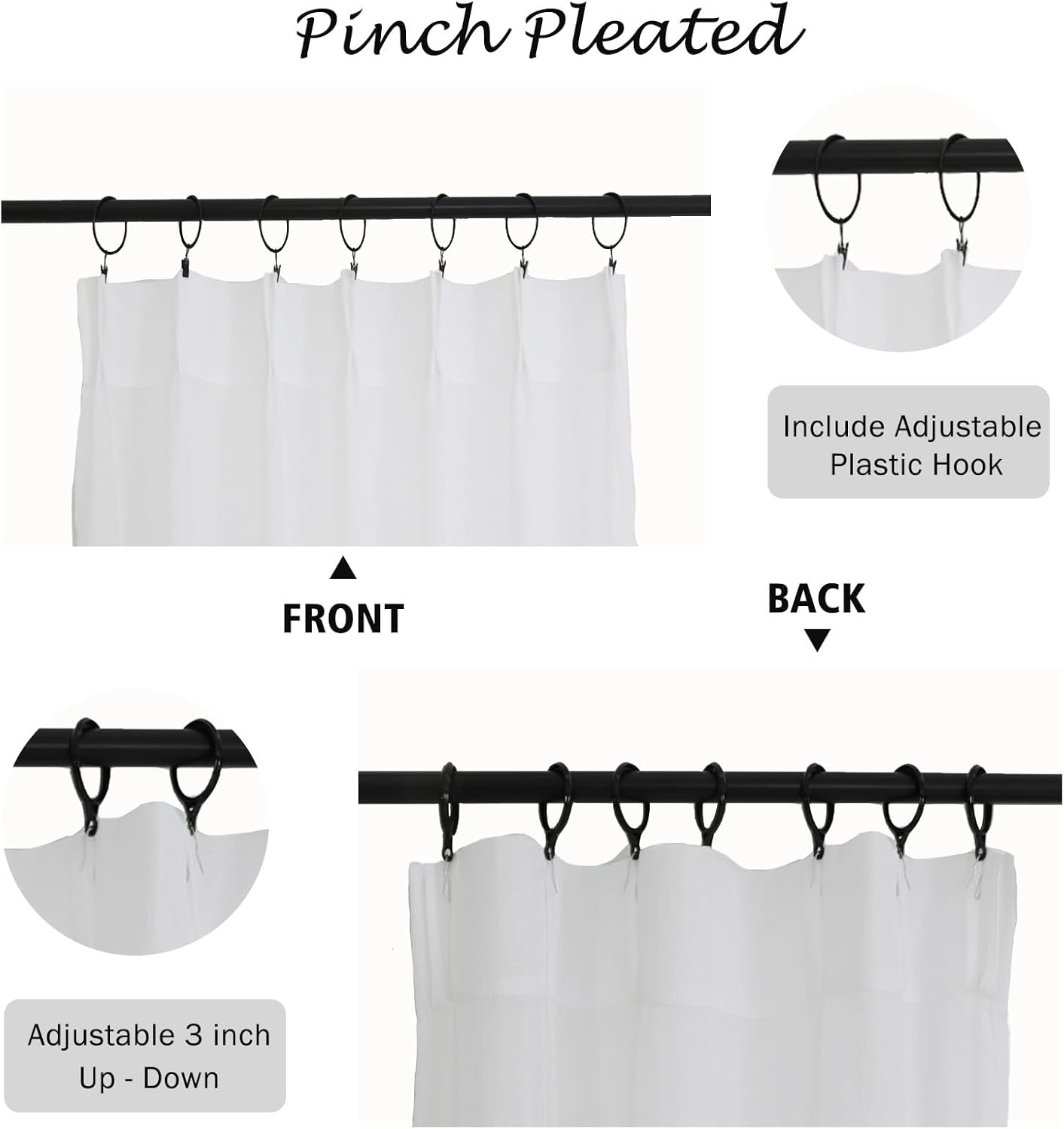 Aiyufeng White Short Faux Linen Curtains 45 Inch Length for Small Windows Rustic Country, Linen Pinch Pleated Semi Sheer Kitchen Curtains, Light Filtering Drapes Privacy with Hooks Rings, W42xL54