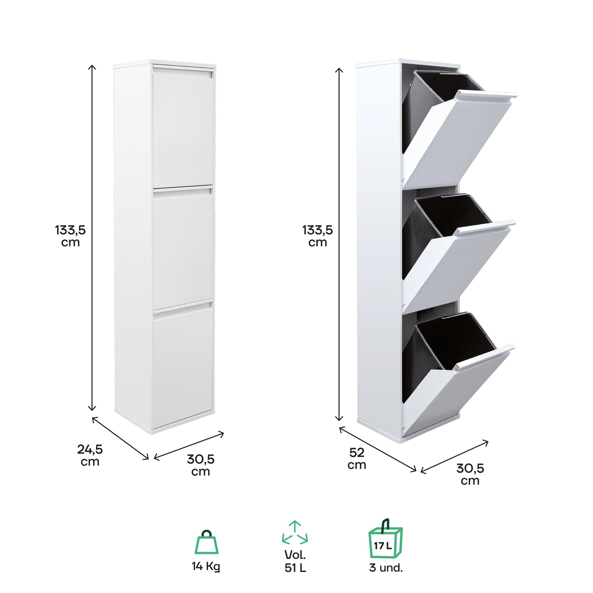 Arregui Basic CR301-B Cubo de Basura y Reciclaje de Acero de 3 Compartimentos | 3x17L (51L) | Cubos de Basura de Cocina | Contenedores de Reciclaje para Casa u Oficina | blanco