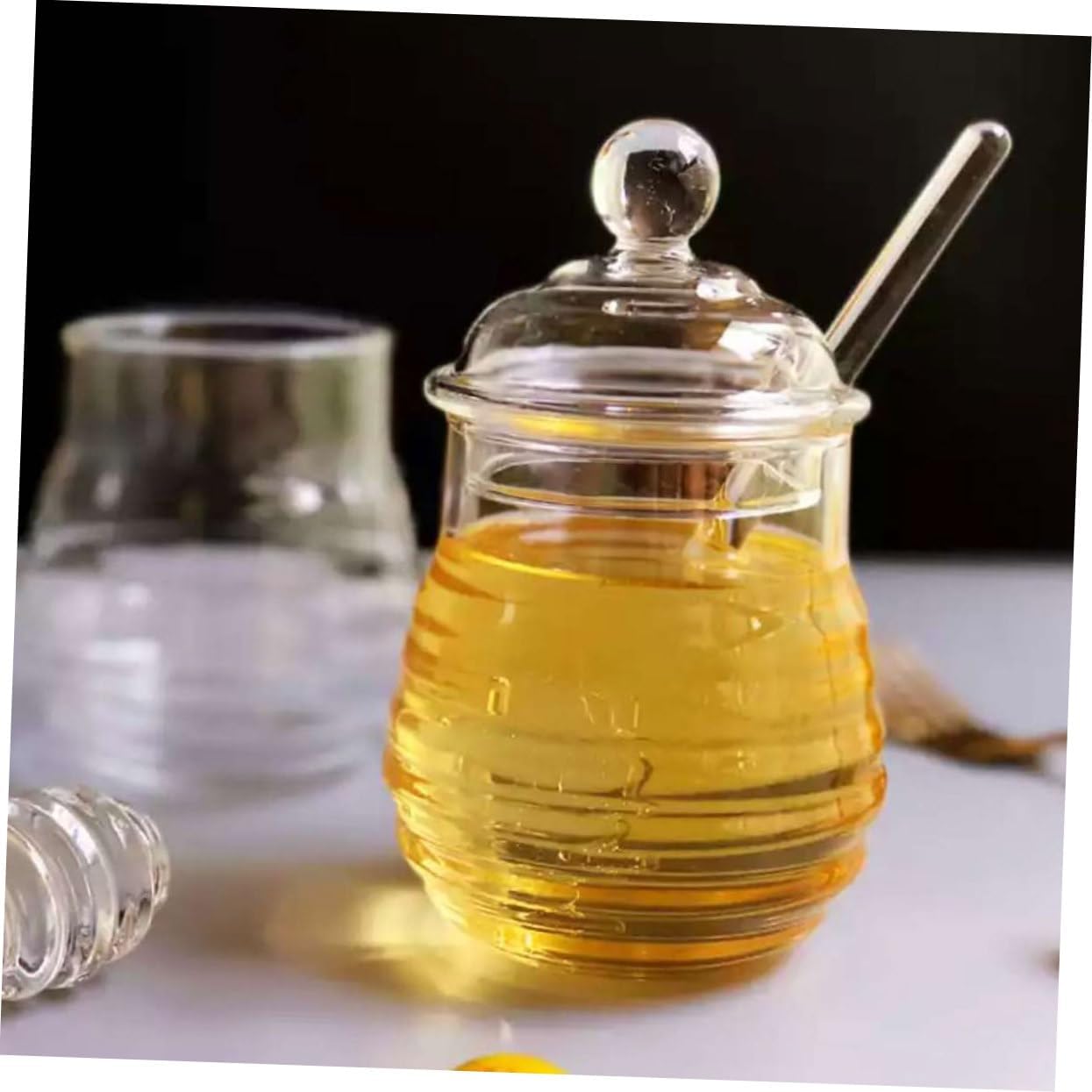 1set Honey Storage Jars with Lidded Honey Pot and Stirring Bar for Home Use Includes Glass Container and Two Mixing Sticks for Jam