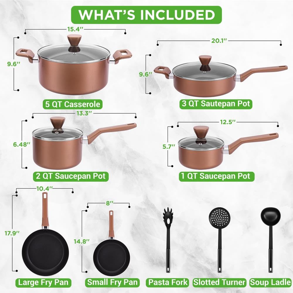 NutriChef Juego de ollas, juego de cocina de inducción Antifregadero, 13 piezas, juego de cocina resistente al calor con cacerola, ollas, cazuela, tapas y utensilios de cocina, marrón