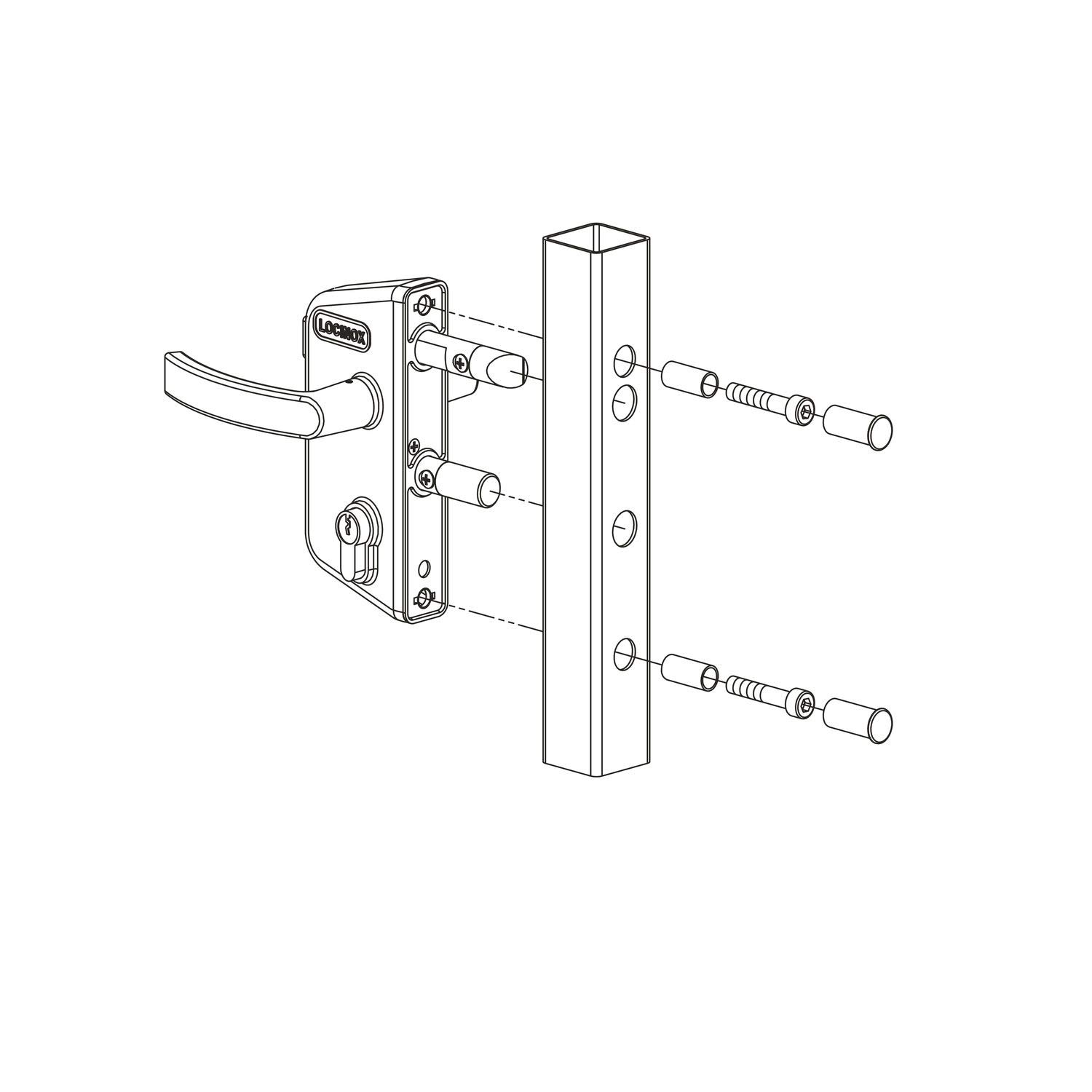 Locinox LAKZ4040P1L7040VCAP Serrure de porte à grilles LAKZ4040 P1L pour tube carré de 40 mm en aluminium RAL7040 Argenté