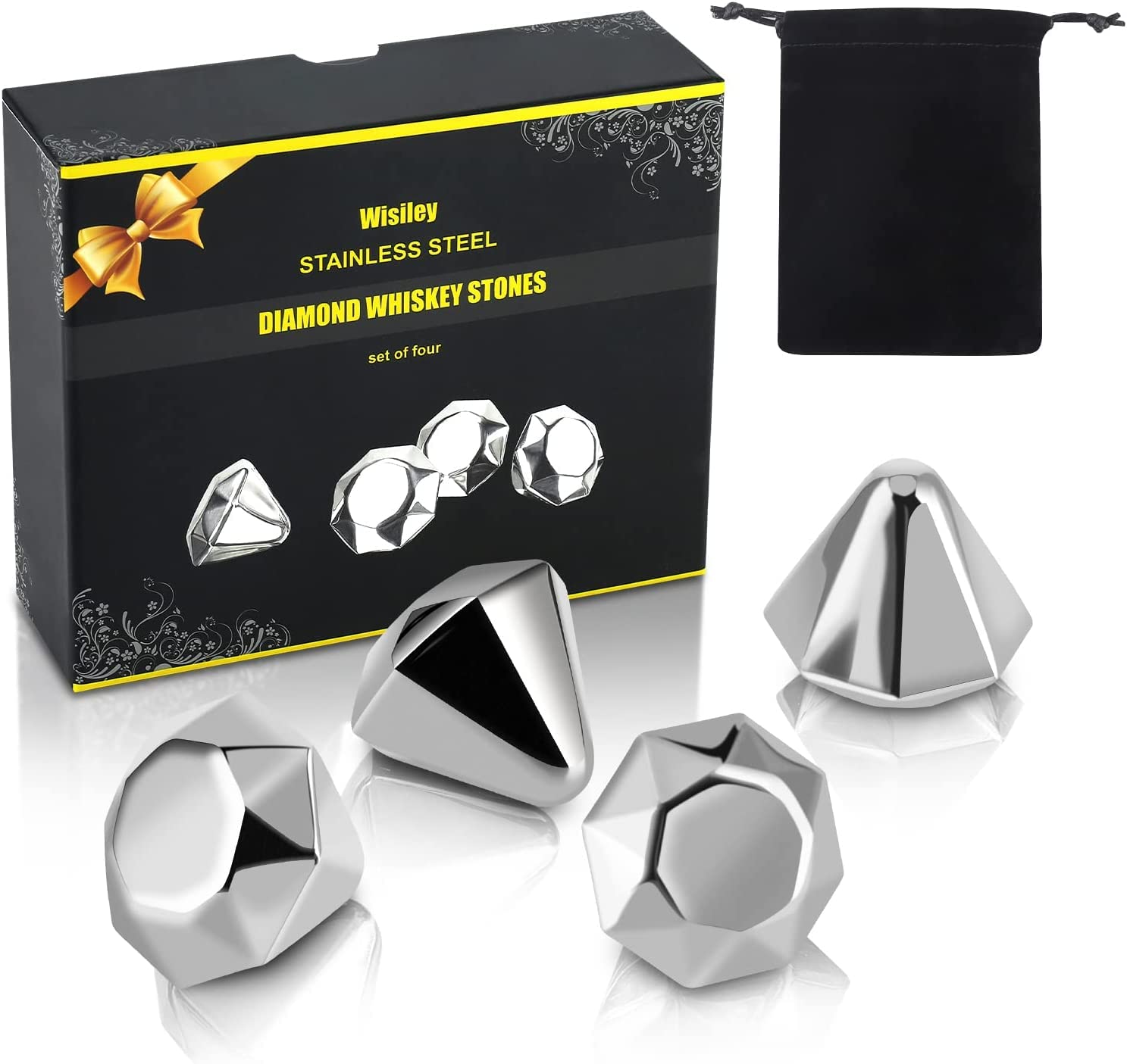 Whiskey Stones, Whiskey Gifts for Men, 4 Pcs Stainless Steel Whiskey Stones, Reusable Ice Cube, Whiskey Stones Gift Set for Men Dad Husband Grandpa Birthday Anniversary