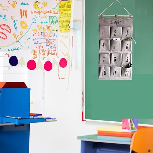 Miniatura 2 de Kamuavni Soporte para calculadora de aula con 12 bolsillos numerados y bolsillos para teléfono celular, organizador para colgar en la puerta y la