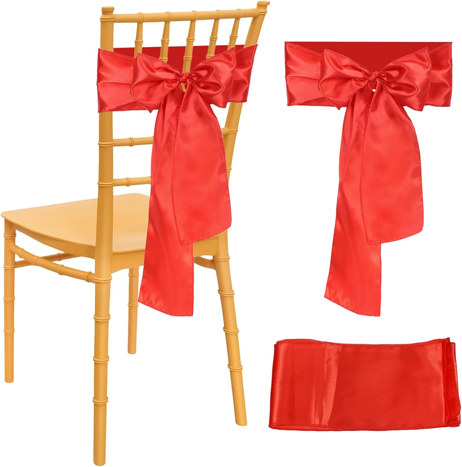 uxcell Wedding Chair Sash, 50 Packs Chiffon Wedding Chair Drapes 9ft x 7inch Chair Back Side Decorations for Wedding Party Chair Cover, Red