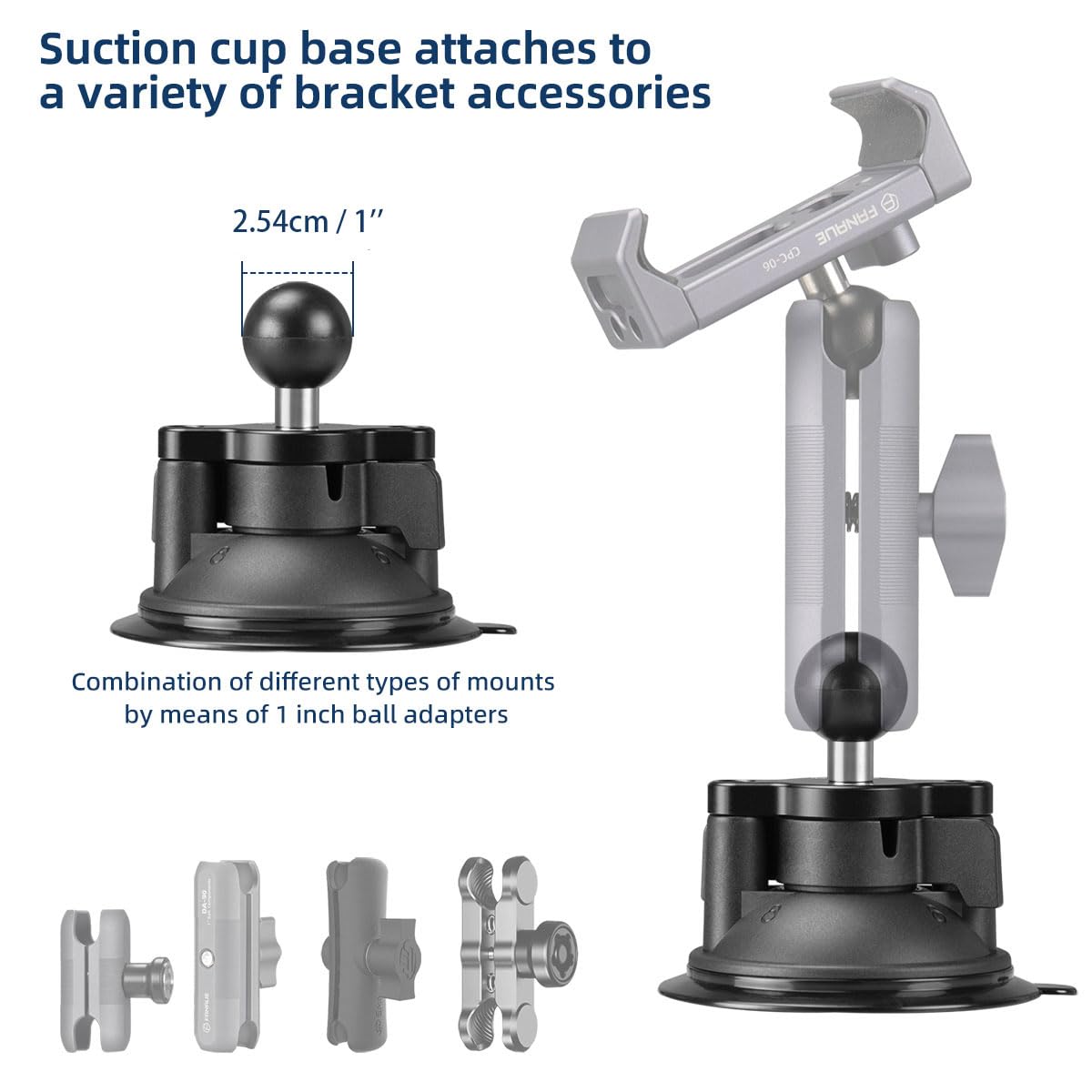 FANAUE Ventouse de Voiture avec Adaptateur de Boule d'un Pouce Compatible avec Les Bras à Double Prise RAM MOUNTS, pour Montage sur Le Pare-Brise de la Voiture.