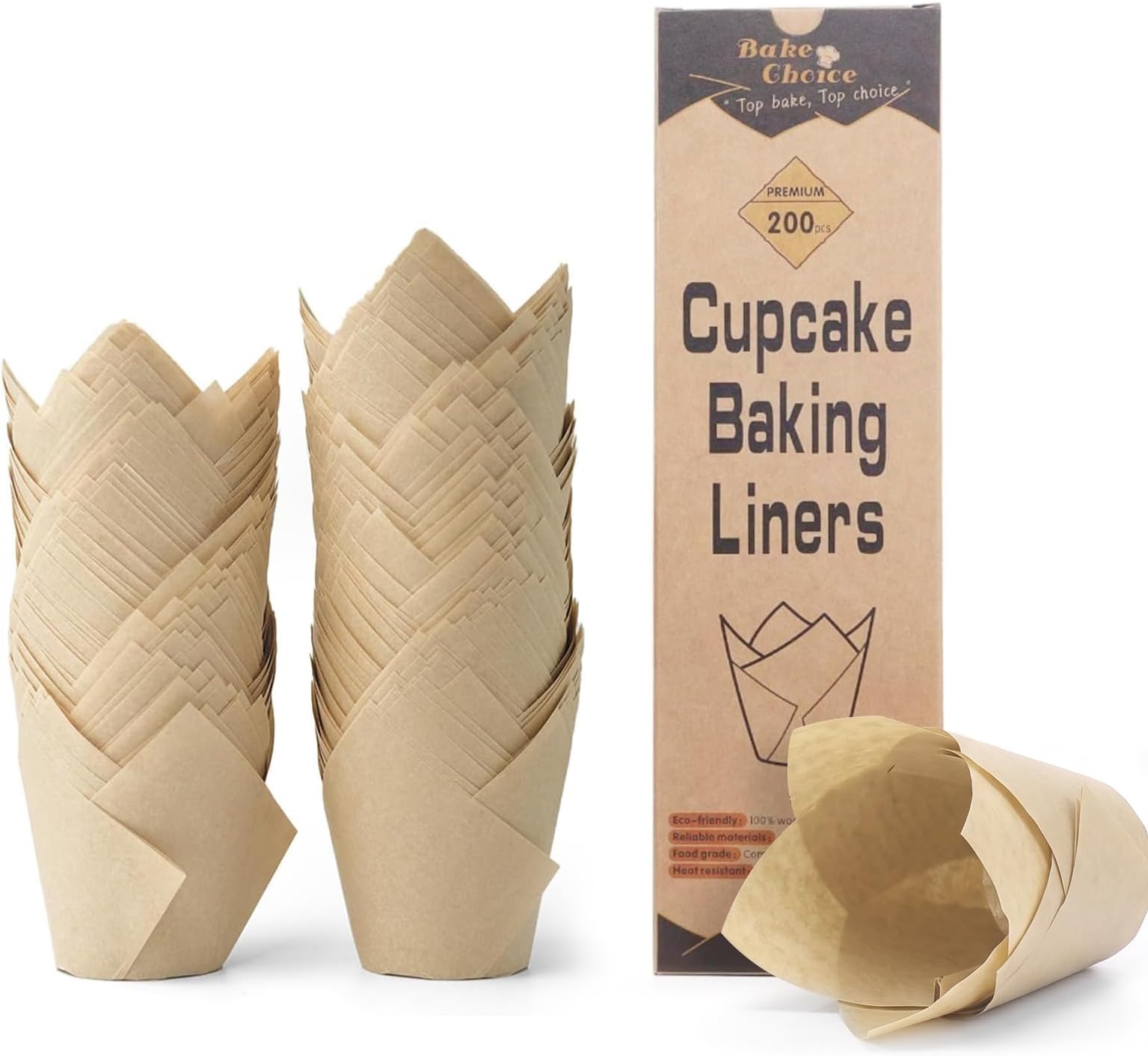 Bake Choice 200pcs Natural Tulip Cupcake Liners for Baking, EU 75GSM Paper