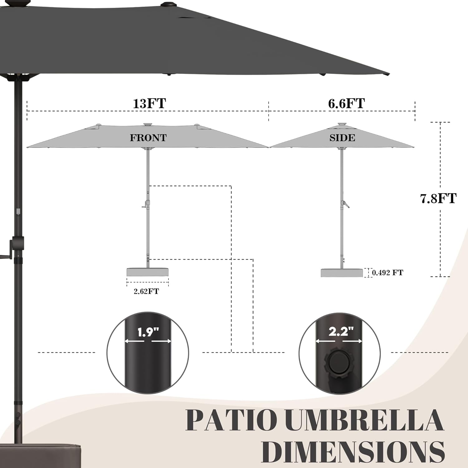 GDPFN 13ft Rectangular Patio Umbrella with Solar LED Lights, Double-Sided Outdoor Market Umbrella with Base Included, Extra Large Shade for Pool, Deck, Backyard, Garden, Dark Gray