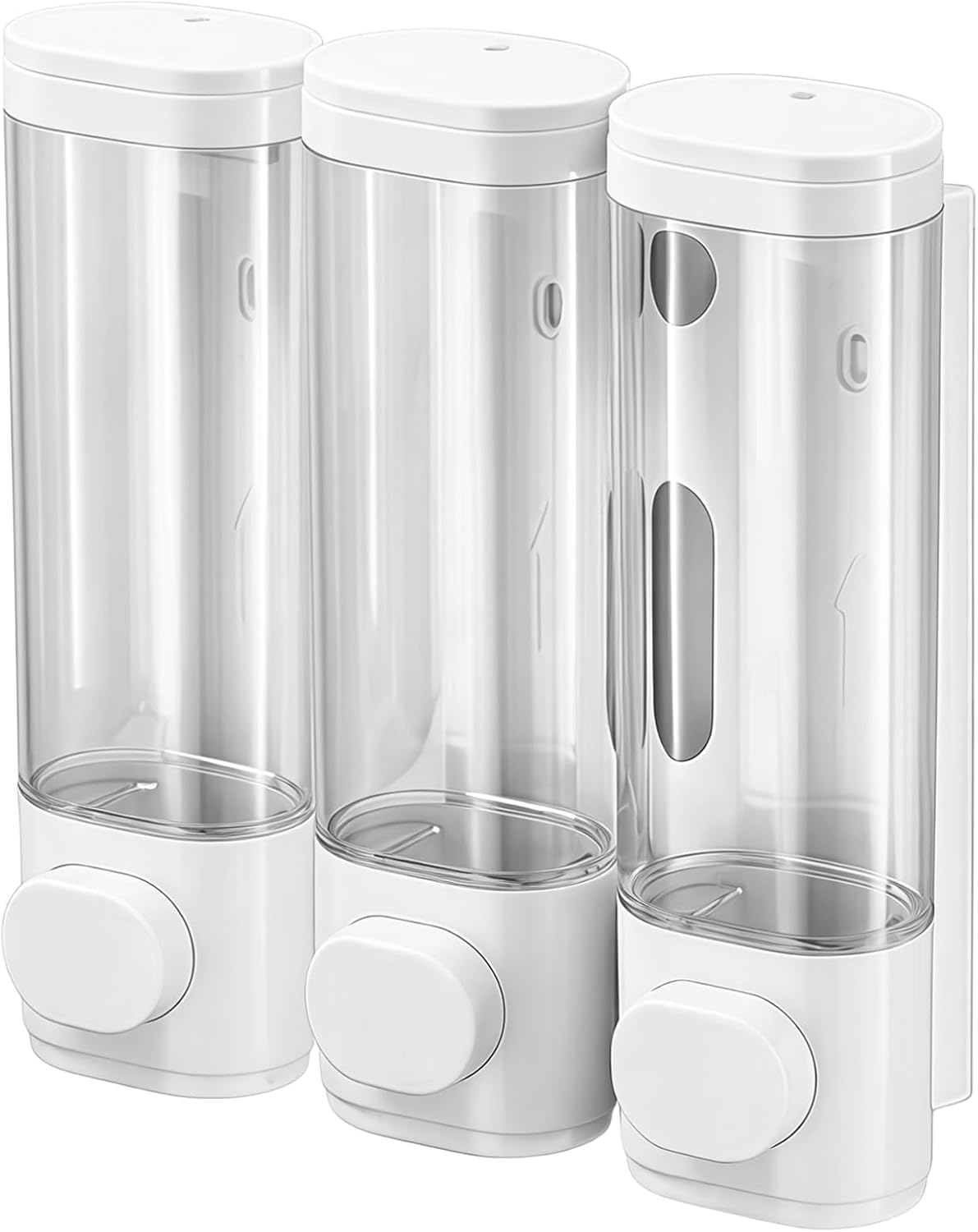 3 Chamber Shower Dispenser, Wall Mounted Shampoo And Conditioner Holder, No Drill Required, Transparent Tanks, White Abs, Ideal Space-Saving Bathroom Organizer