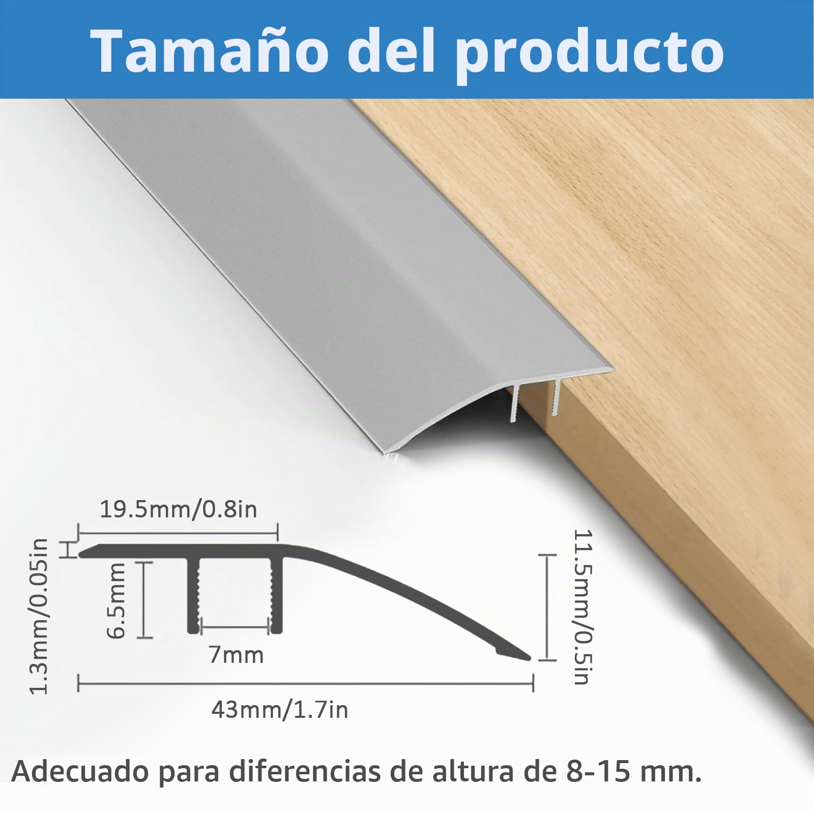 Rampa de umbral de puerta de aluminio, 0,9 m x 43 mm, autoadhesiva, 8-15 mm, para umbrales de puerta, rampas, madera, laminado, azulejos