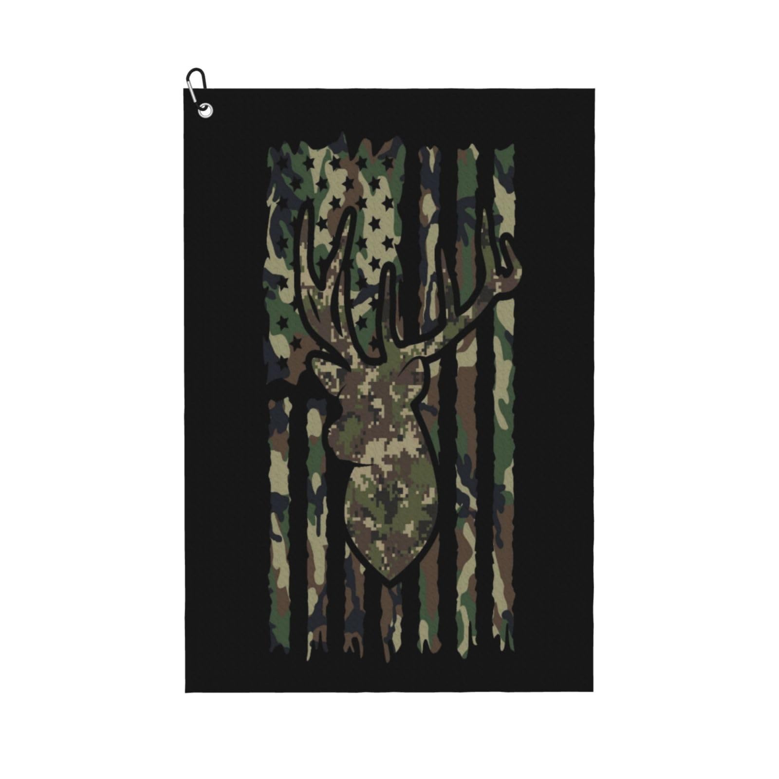Oudrspo Deer Camo Camouflage American Flag Hunting Black Ultra Fine Fiber Golf Towel with Mountain Buckle, Golf Cleaning Towel