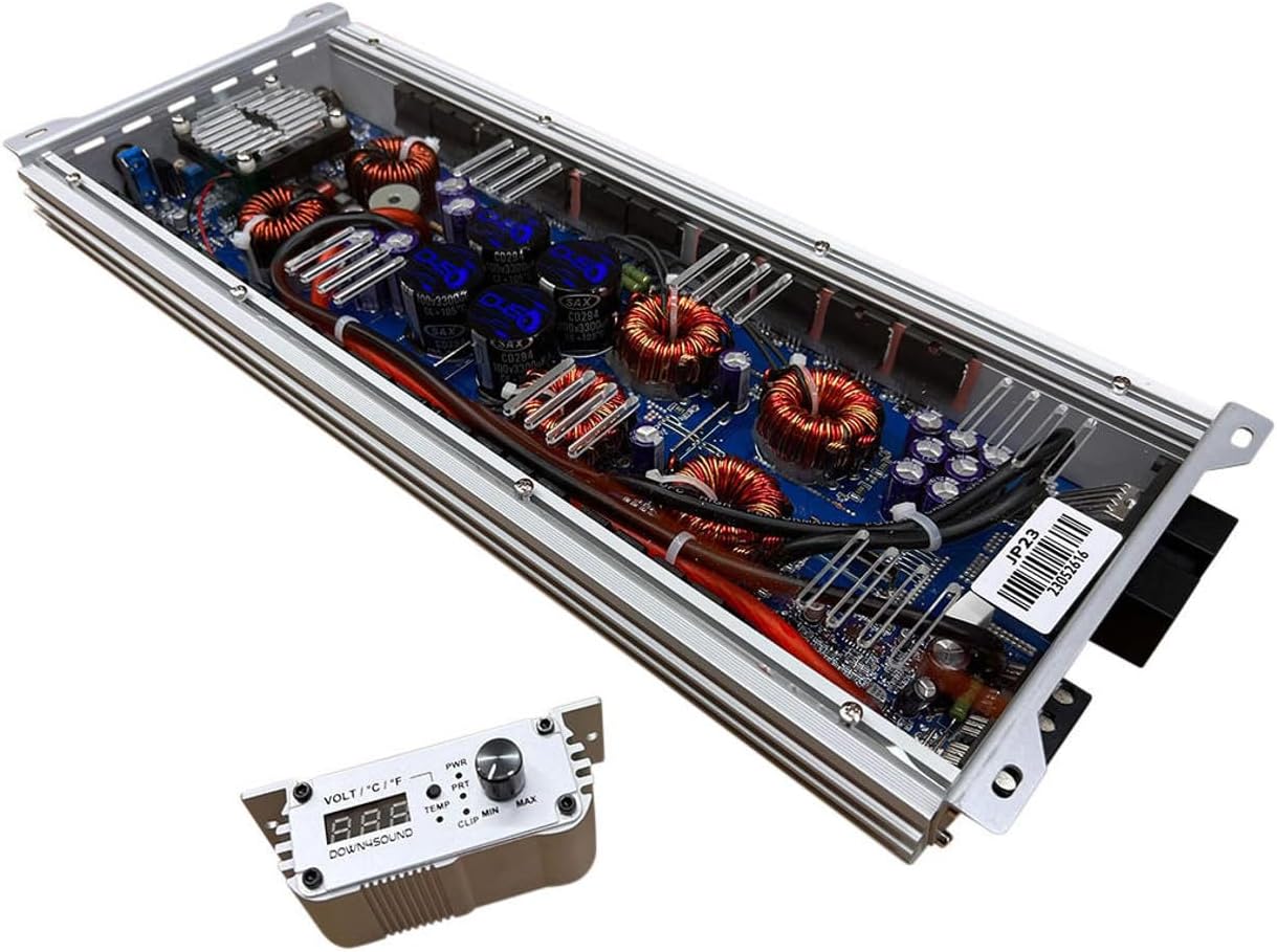 DOWN4SOUND JP23 V1.5 Elite Gray | Monoblock Amplifier - 2300W RMS, 1-Ohm Stable, Linkable for Car Audio Systems, High-Performance Bass Amplifier for 2000W Subwoofer Setup