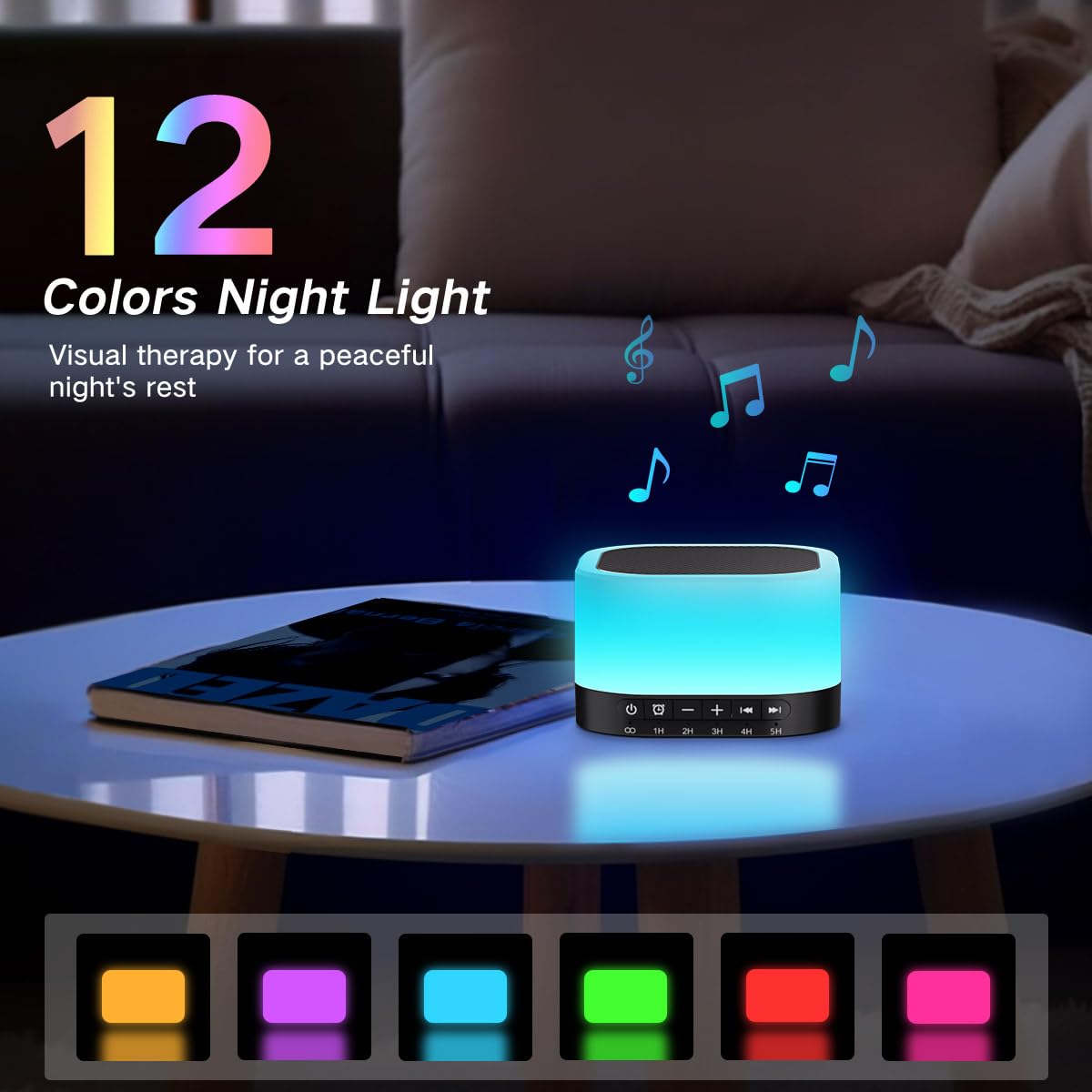 Sound-Maschine mit weißem Rauschen und 25 beruhigenden Geräuschen, 12 Farben, Licht mit 10 einstellbaren Stufen, 32 einstellbare Lautstärken, 5 Timer, tragbare Schlaftherapie für Erwachsene, Kinder,