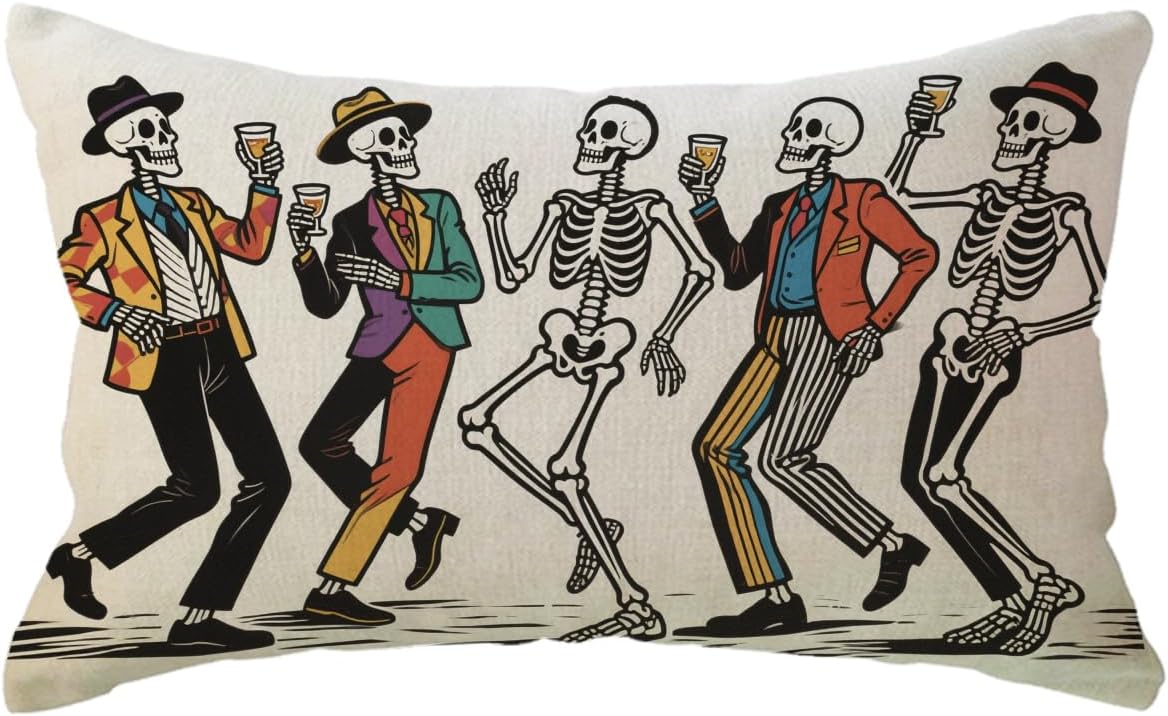 Fun Halloween Decor Pillow Covers 12x20 Inch with Dancing Skeleton Happy Halloween Skull Cushion Covers Farmhouse Seasonal Fall Decorative Lumbar Pillowcases for Sofa/Couch/Porch (Orange Red) Orange Red 20" x 12" (Pack of 1)