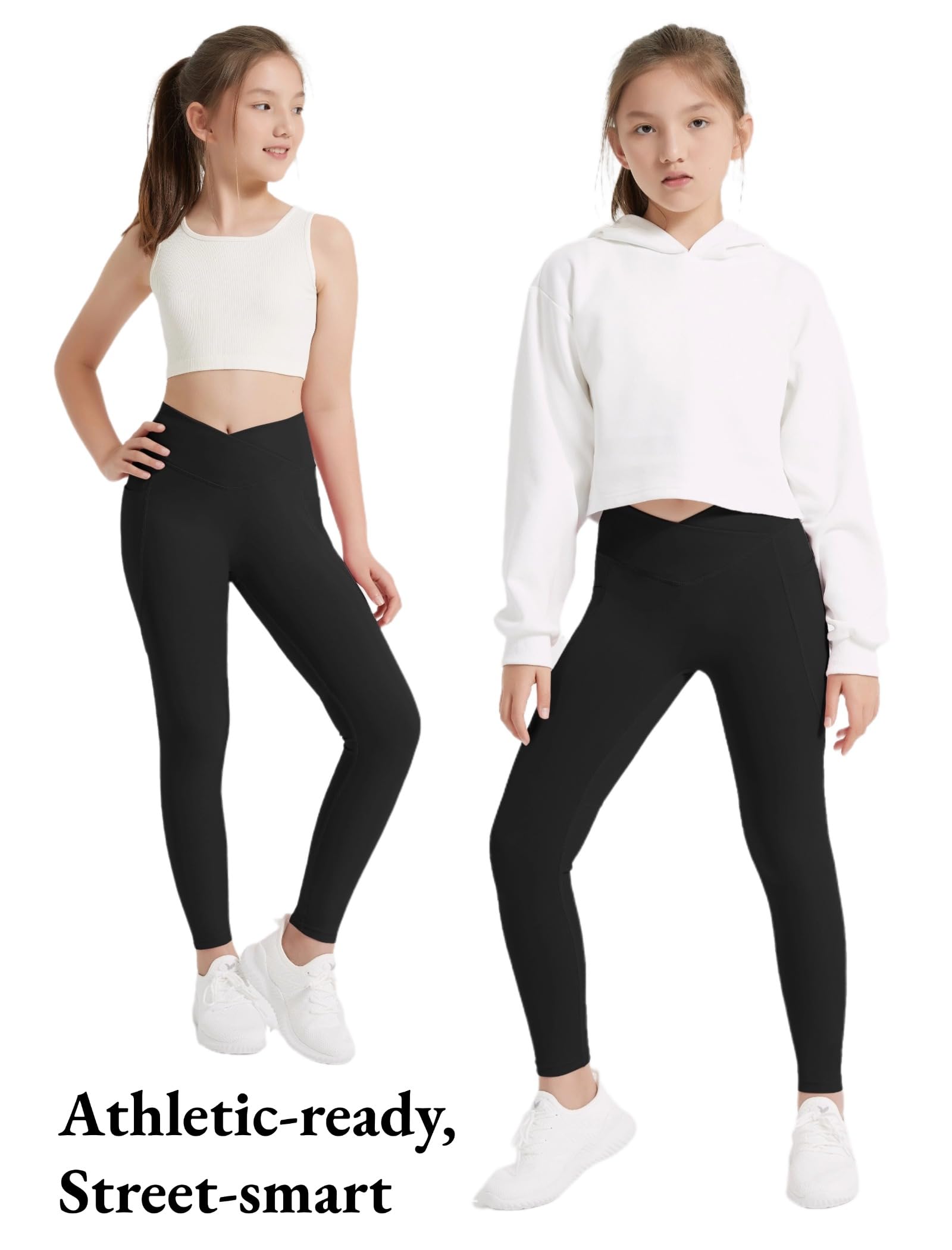 EXARUS Confezione da 4 leggings per ragazze e adolescenti, pantaloni da yoga incrociati a V in vita alla caviglia/lunghezza intera a vita alta per sport casual