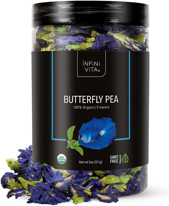 Infini Vita Dried Butterfly Pea Flower Tea 56g (2 oz) - 100% Organic Blue Tea, Pure, Non-GMO, Gluten Free - Natural Energy Booster and Relaxing Beverage