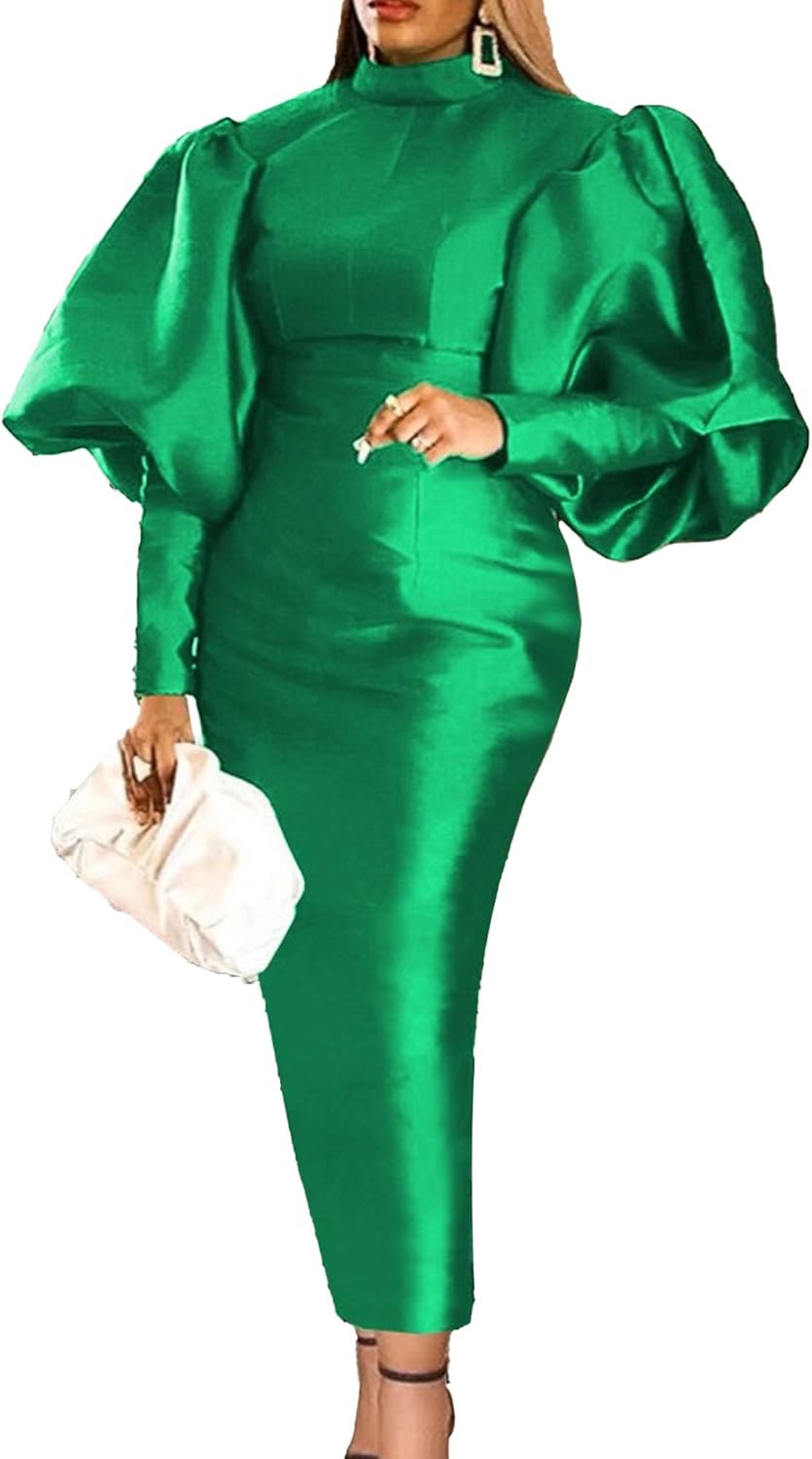 Women's Elegant Mock Neck Chiffon Dress Long Sleeve Mesh Bodycon Dress Club Party Pencil Midi Dresses Clubwear