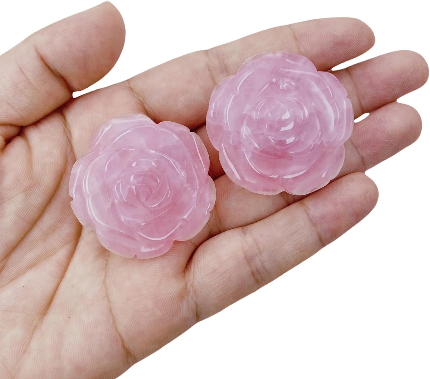 4PCS Hand Carved Natural Crystal Rose Flower Figurines Decor Set Drilled Flower Stone Kit for DIY, Jewelry Making, Rose Quartz