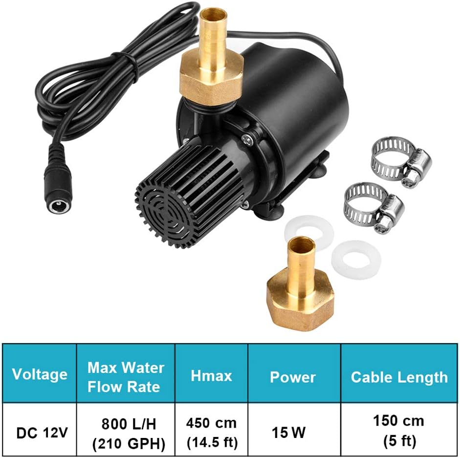 DC 12V 15W Submersible Water Pump, 210 GPH Brushless Fountain Circulation Mini Clear Water Pump