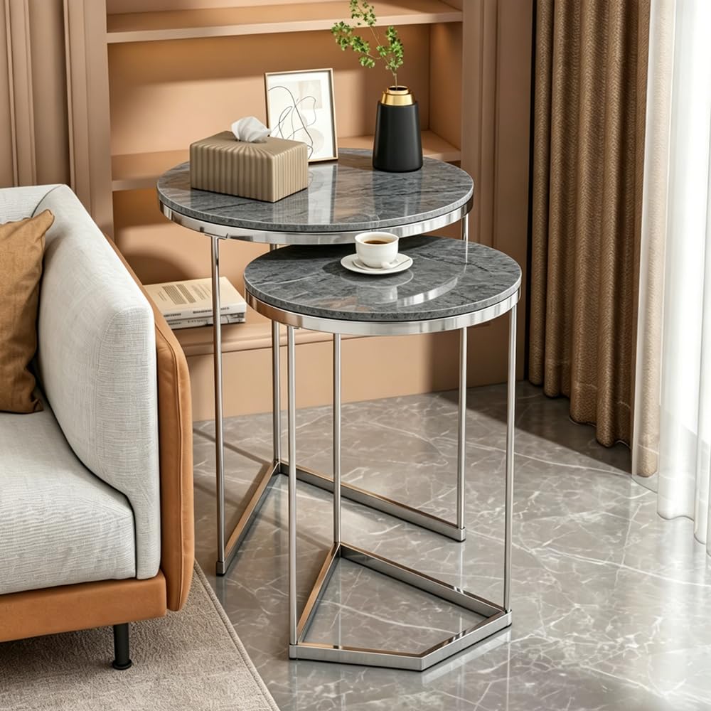 Rainbow Tree Set of 2 Nesting Coffee Tables for Living Room, Grey Marble Nest of 2 Nested Tables Sofa Side Table Coffee Table End Tables Space Saving