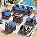 UDPATIO Patio Furniture Set with 44'' Fire Pit Table,Modular Outdoor Furniture Sets,Slanted Back Outdoor Sectional Conversation Set PE Rattan Sofa for Backyard W/Coffee Table,4'' Cushions,8 PCS,Blue