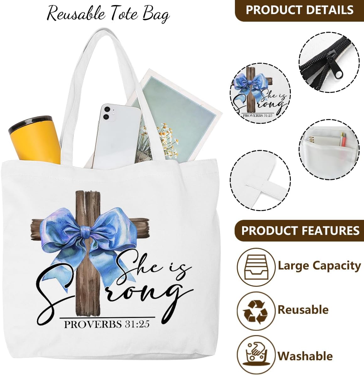 Christian Gifts for Women, Girls Preppy Bow Canvas Tote Bag Makeup Bag Set, Inspirational Bible Verse Religious Gifts Birthday Retirement Anniversary Reusable Grocery Bags Travel Cosmetic Bags - Image 5