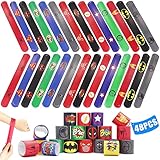 Acehome 48 PCS Slap Bracelet for Kids Party Bag Fillers, Wristbands Fun Boys and Girls Snap Bands Bulk Vinyl Rolls for Birthday Gift Goodie Bag Flavors School Classroom Little Toys (Superheroes)