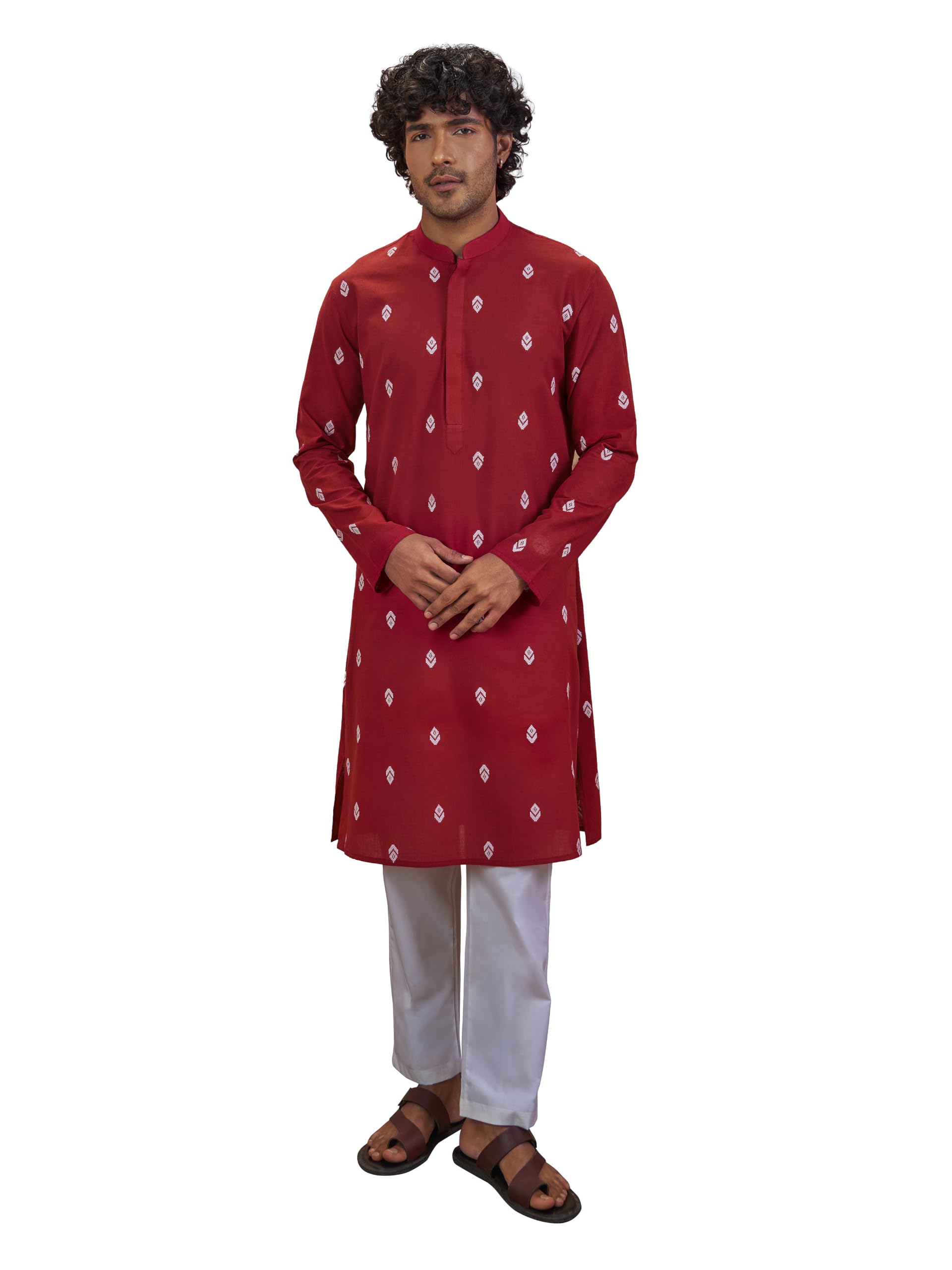 Men's Cotton Jacquard Ikkat Print Kurta with White Cotton Pyjama Set - Casual Festive Raksha Bandhan Outfit-image-39