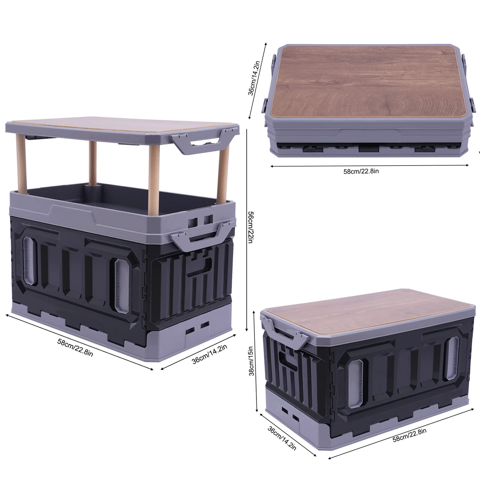 CeRaBuRET PP Folding Storage Boxes, Outdoor Portable Camping Storage Box Folding Box Table Equipment, Camping Organizer for Trunks, Study Rooms (Black&Grey)