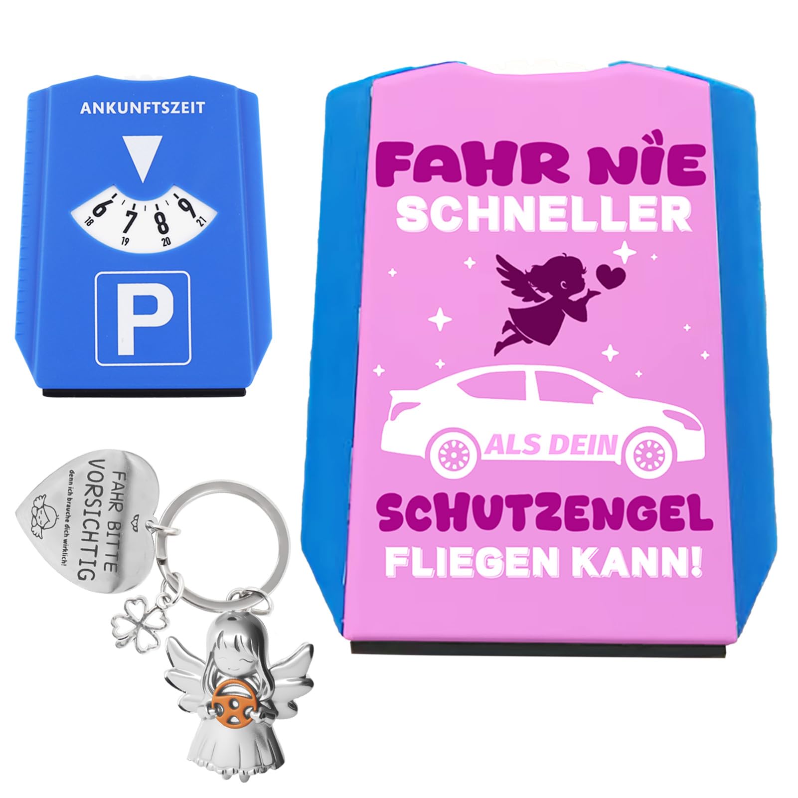 Parkscheibe mit Fahr Nie Schneller Als Dein Schutzengel Fliegen Kann,Schutzengel Schlüsselanhänger mit Lenkrad,Auto Führerschein Geschenke,Autofahrer Geschenk Glücksbringer,Fahr Vorsichtig