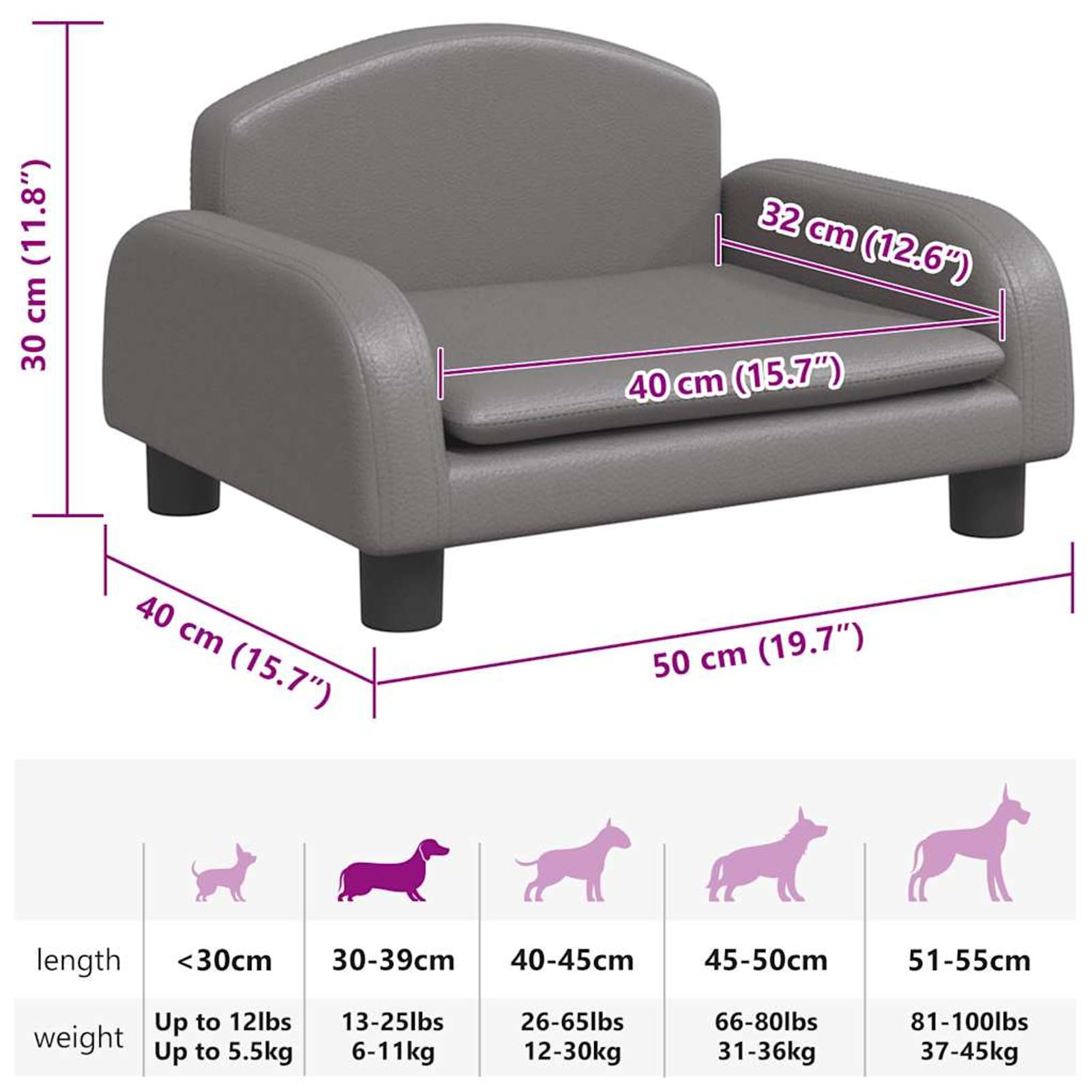 Hundebett Grau 50x40x30 cm Kunstleder Kiefernholz | Wasserdichter Kunstlederbezug, stabiler Kiefernholzrahmen, leicht abwischbar, 50 kg Traglast