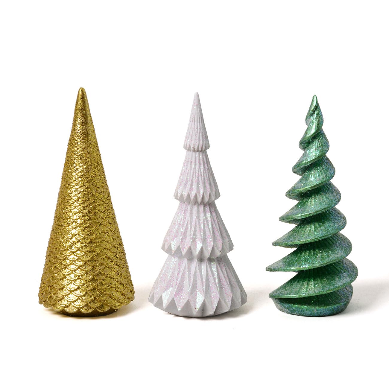 HAUCOZE 3 Assorted Christmas Decoration Tree Statue Figurine Modern Sculpture Home Gifts Green+Gold+White with Glitter