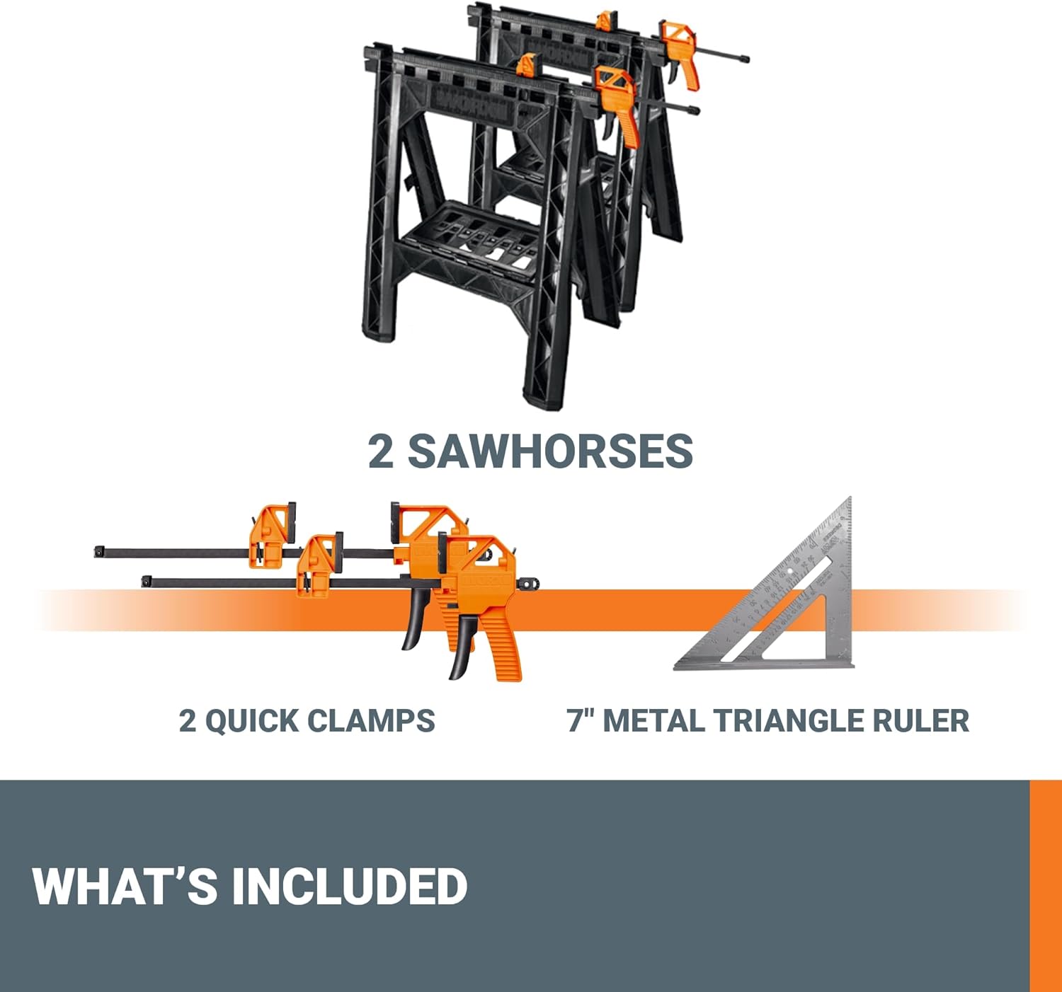 Worx WX065.3 Clamping Sawhorses with Bar Clamps and 7 Inch Metal Triangle Ruler