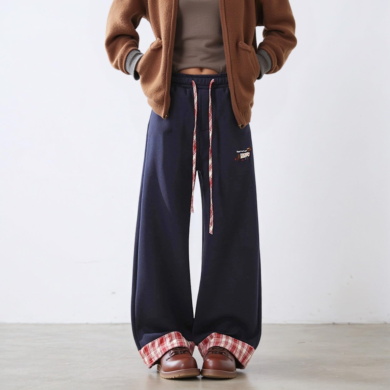 Pantalon Chandal Mujer Chandal Ancho Jogger Pantalones Deportivos con Dobladillo Enrollado Bordado Corte Holgado Pierna Recta Estilo Jogger Informal Detalles diseño para otoño Invierno