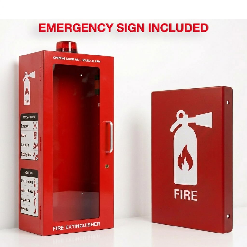 Extintor de 5 libras con alarma, cerradura y ventana acrílica rompible | Montaje en pared o superficie | Se adapta a extintores de hasta 5 libras | Instrucciones de seguridad contra incendios