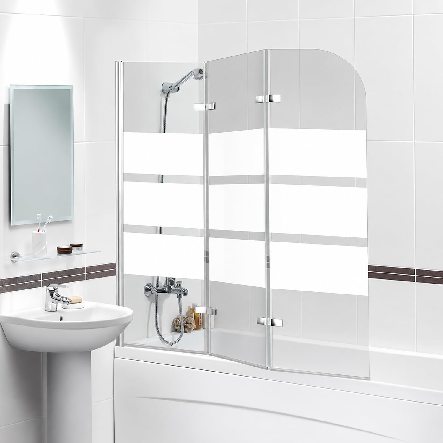Mampara de ducha para bañera de 120 x 140 cm, 3 piezas, plegable, cristal templado de seguridad de 6 mm, marco de aluminio plateado con decoración de rayas blancas, protección contra