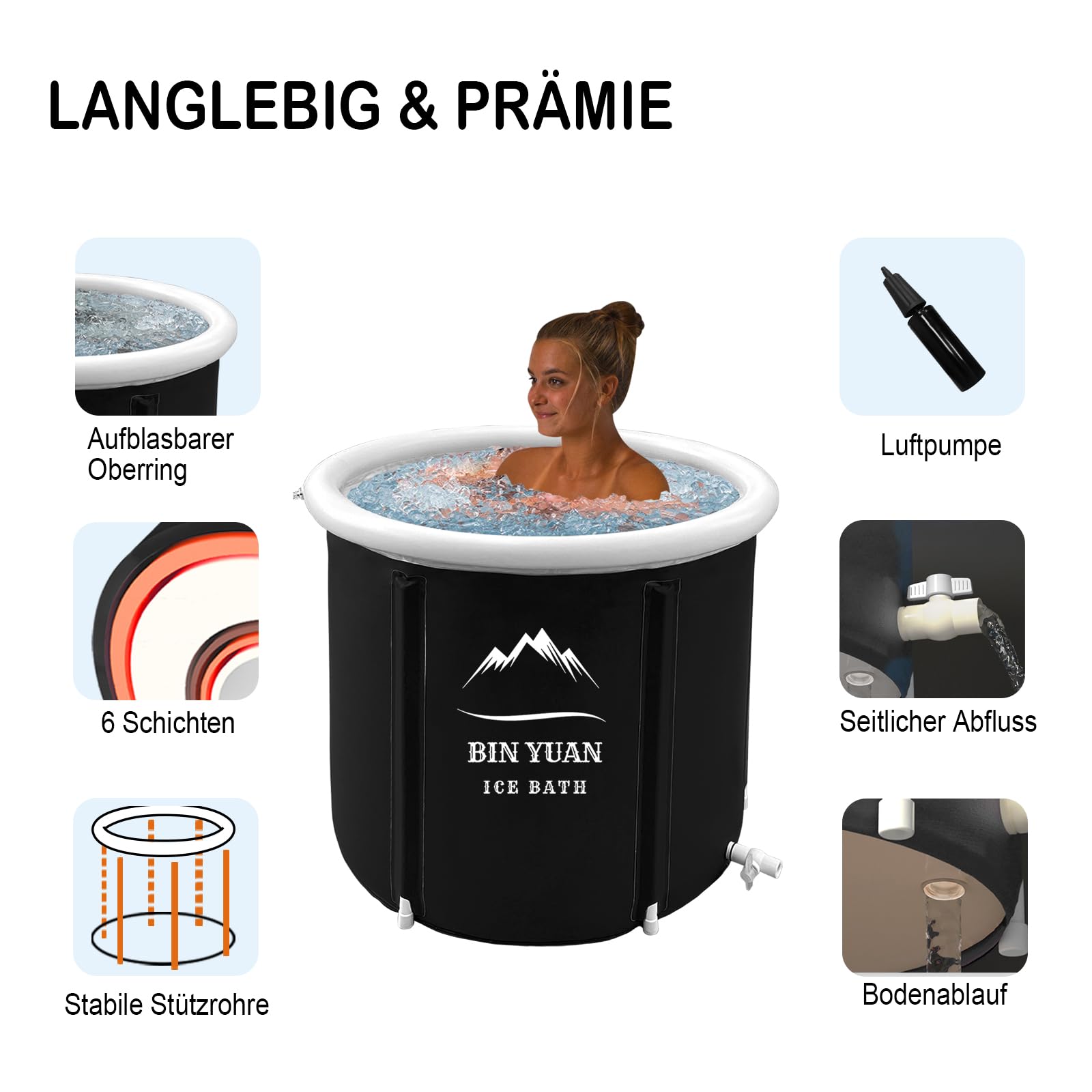 B&Y Baignoire gonflable pliable pour adulte - 80 x 80 cm Baignoire portable - Baignoire autoportante - Pour douche adulte (Noir, 106 Gal)
