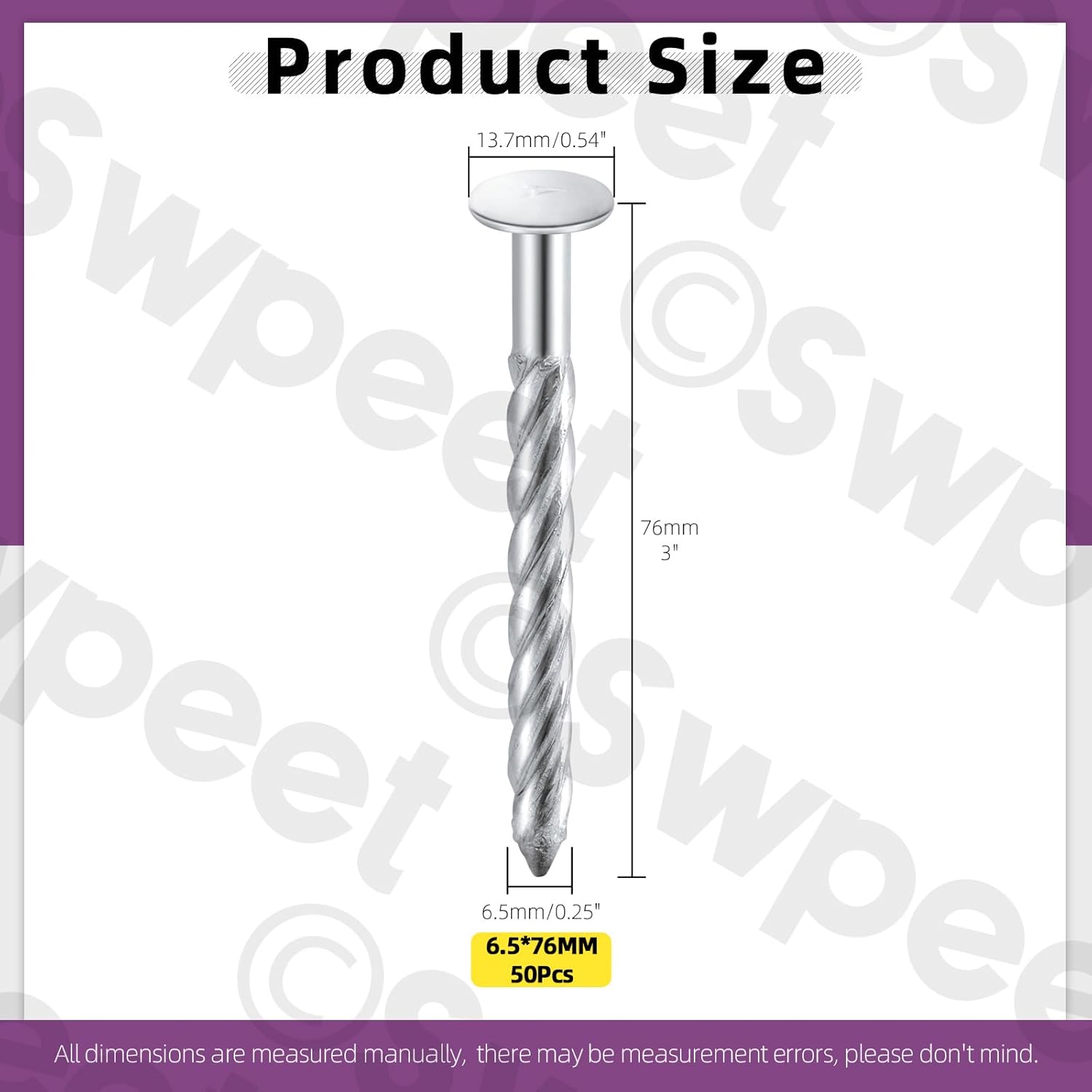 Swpeet 50Pcs 6.5 x 76mm Galvanized Thread Twist Nail Kit, Concrete Wall Nail 304 Stainless Steel Nail Cement Nail Galvanized Solid Nail Steel Nail for Woodworking