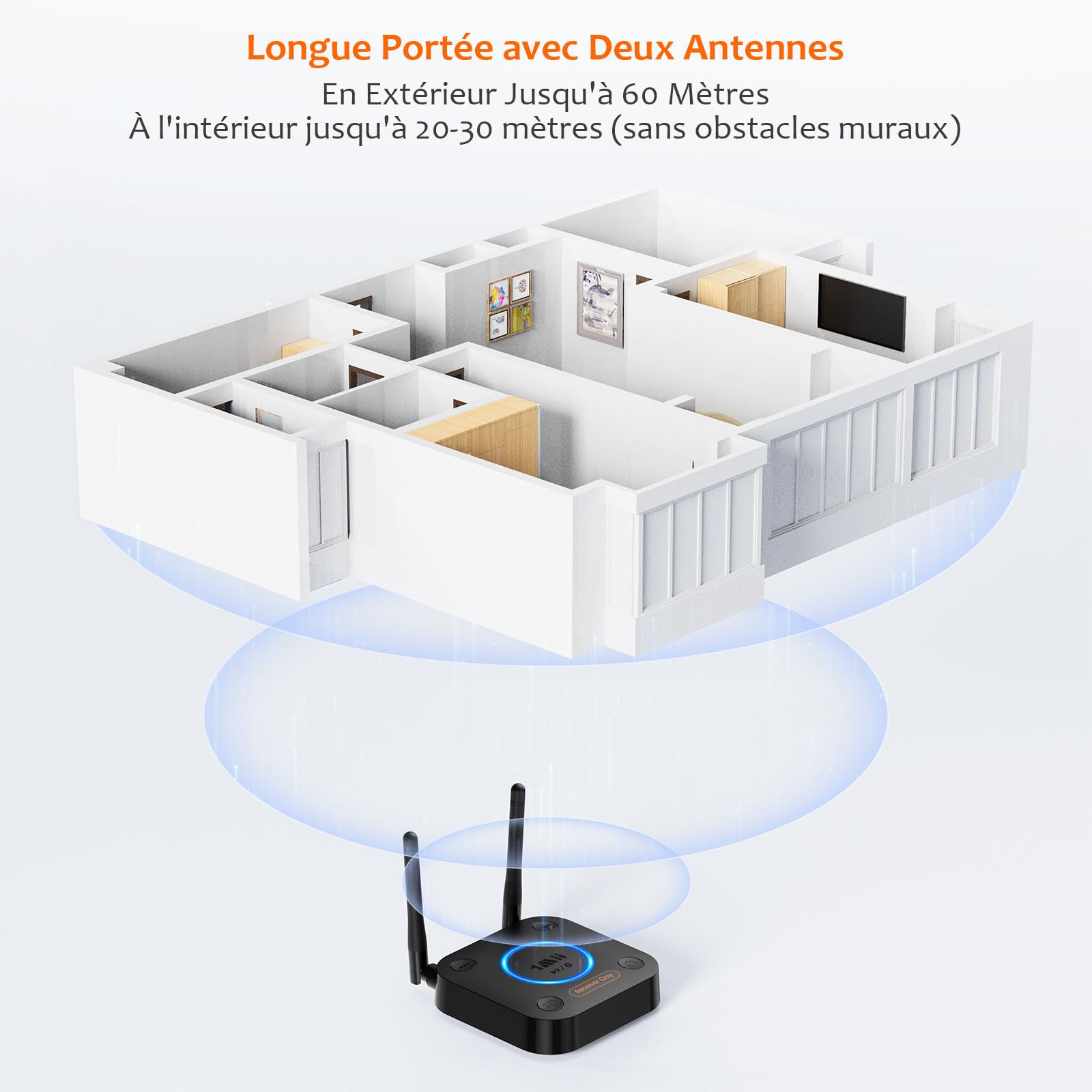 1Mii B06Pro Recepteur Bluetooth 5.3, Longue Portée Adaptateur Audio sans Fil Hi-FI, avec 3D Surround aptX HD&LL, RCA Optique AUX 3,5 mm Coaxial pour Système Stéréo Domestique