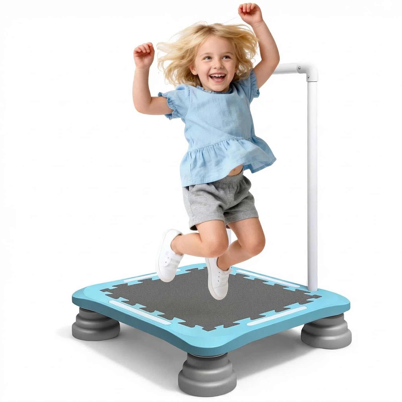 Kids Trampoline Indoor/Outdoor with Armrest, Mini Trampoline for Toddlers Aged 3+, Safe & Durable Mini Jump Board, Holds up to 50KG, PU Foam Padding, Gifts for Boys Girls