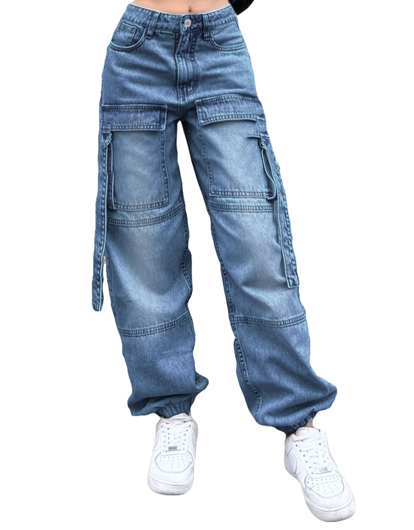 Women's Cargo Jeans Pants Mid Waist Baggy Wide Leg Denim Trousers Y2K Jogger Sweatpants with Flap Pocket