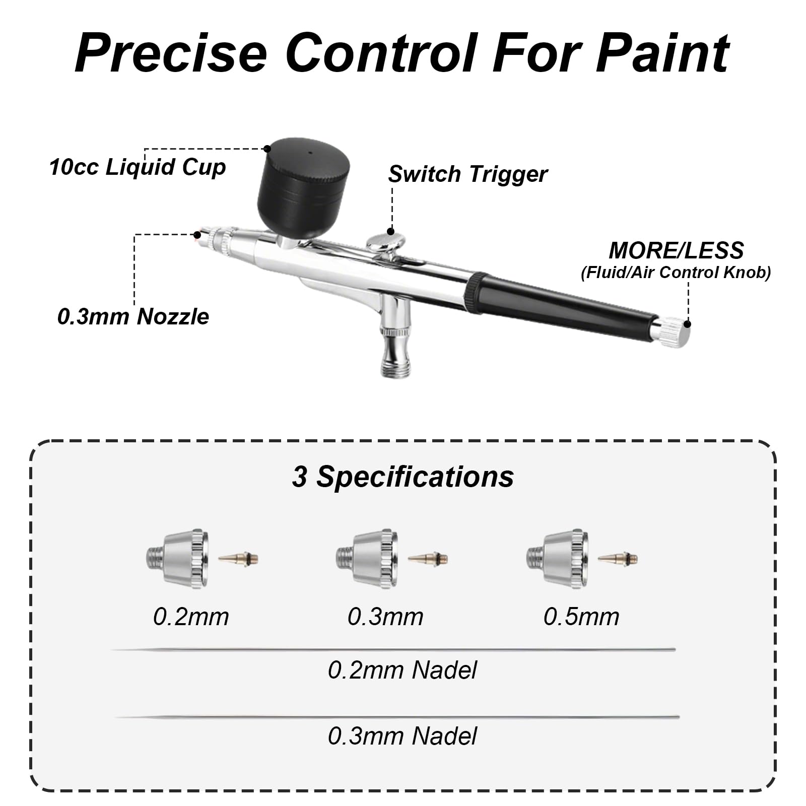 Airbrush Set mit Kompressor, Dual Action Airbrush Set mit 3 Druckstufen & 0,3/0,3/0,5mm Düse, Air Brush Pistole Set für Modellbau Make Up Kunst Kuchendekoration Tattoo Färbung
