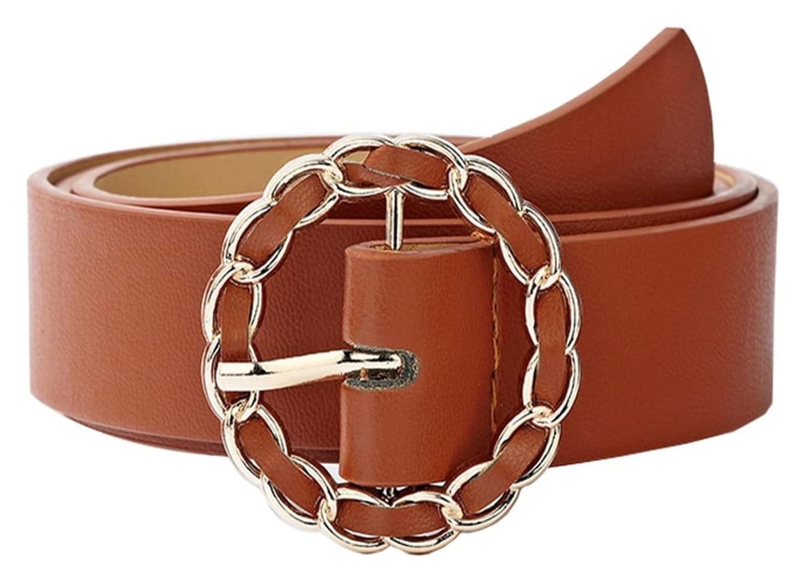 dfEDRd Ladies Waist Belt, 105cm Women Solid Color Soft Leather Waistband Adjustable Alloy Round Buckle Belt Elegant(Light Tan)