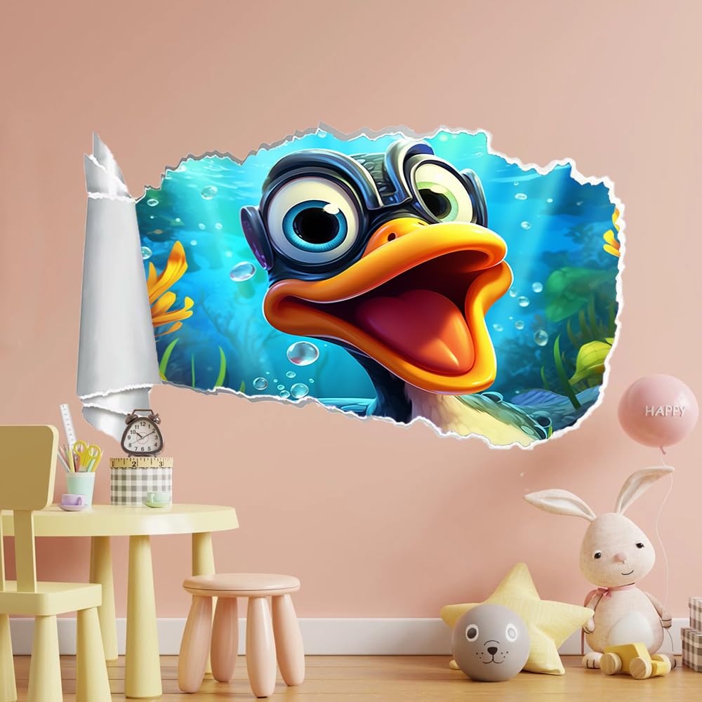 3D Durchbruch Wandtattoo Mädchen Kinderzimmer Enten-Cartoon Wandaufkleber Dekorative Meereskorallen Wandsticker für Junge Teenager Zimmer Wohnzimmer Schlafzimmer Wandbilder Deko