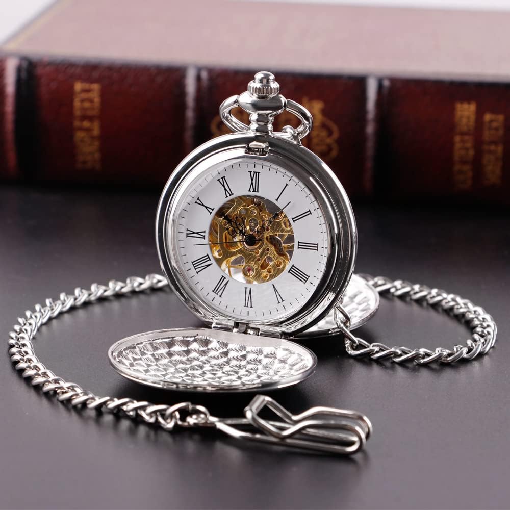 Silver Smooth Double Open Hunter Mechanical Pocket Watch for Mens