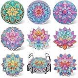 UPINS 8Pcs Lotus Diamond Art Painting Coasters Kits with Holder, Diamond Art Non Slip Coaster Kits DIY with Holder Crafts for Adults Diamond Art Painting Kits Supplies for Holiday Gift