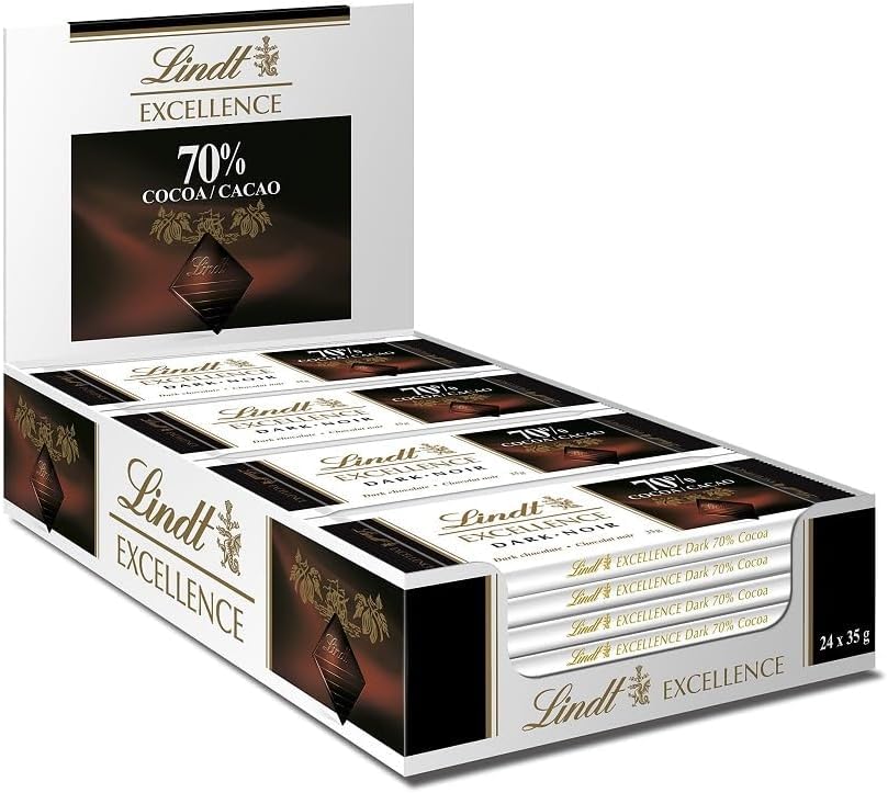 Lindt mini tabletas de chocolate Excellence 70% cacao, chocolate negro aromático, extrafino, delicado e intenso, 48 unidades x 35gr